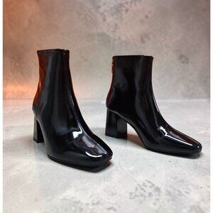 Black Patent Leather Chunky Heel Ankle Boots With Side Zipper Closure